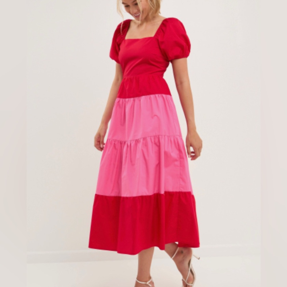 Dress. English Factory Women's Color Block Puff sleeves Maxi Dress, Red, Pink
